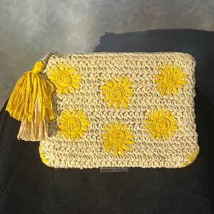 LOFT Woven Raffia Clutch Yellow Sun Embroidery Tassel Zip Pouch Bag